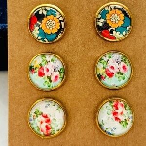 3 Pairs of 12mm Glass Cabochon Floral Print Stud Earrings, NWT, Handmade, Unworn